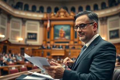 Országgyűlési képviselő a parlamentben, papírokkal a kezében.