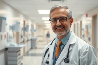 Orvos a kórház folyosóján, mosolygós arckifejezéssel.
