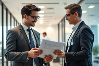 Két orvoslátogató konzultál az egészségügyi iparban.