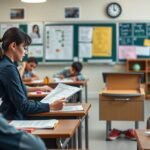 Osztályfőnök a tanteremben diákokkal, munkalapokat ellenőrizve.