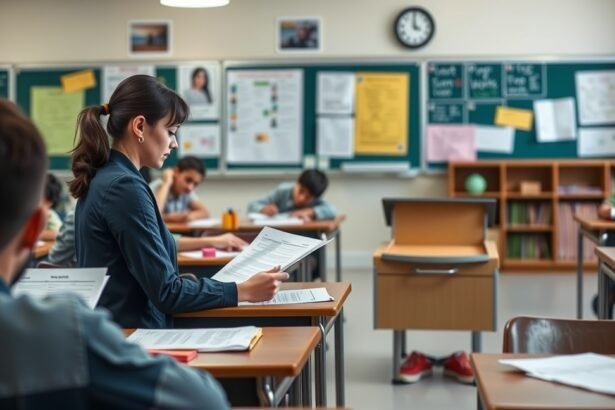 Osztályfőnök a tanteremben diákokkal, munkalapokat ellenőrizve.