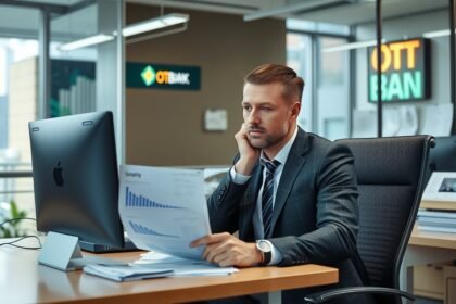 OTP Bank alkalmazott elemzi a fizetési adatokat az irodában.