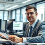 OTP-ügyintéző számítógépnél, iroda háttérrel