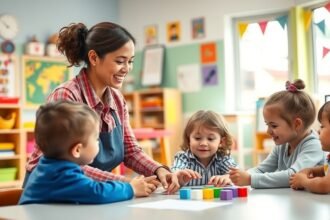 Óvodai dajka gyermekekkel játszik és tanít a tanteremben.