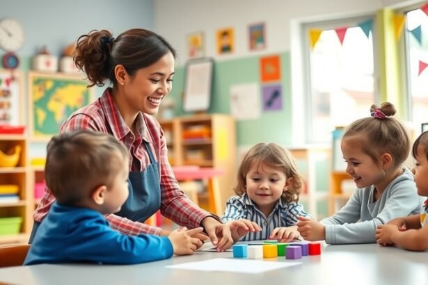 Óvodai dajka gyermekekkel játszik és tanít a tanteremben.