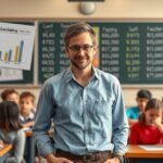 Pedagógusok bérdiagramja egy osztályteremben, tanárral és diákokkal.