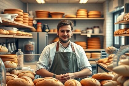 Pék a boltban, friss pékárúval