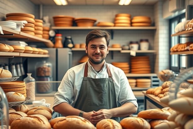 Pék a boltban, friss pékárúval