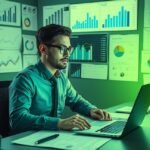 Piackutató férfi dolgozik számítógépen grafikonok között.