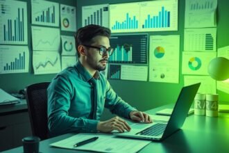 Piackutató férfi dolgozik számítógépen grafikonok között.