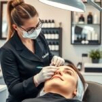 Kép egy pillás kezelésről, ahol a szakember ügyfélnek dolgozik.