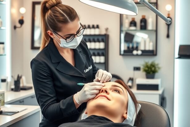 Kép egy pillás kezelésről, ahol a szakember ügyfélnek dolgozik.