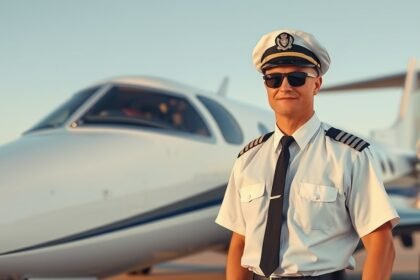 Pilóta repülőgép előtt, napszemüvegben és egyenruhában.