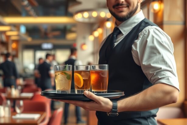 Pincér poharakat szolgál fel egy étteremben.