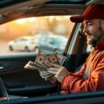 Pizzafutár pénzszámlálás közben az autóban naplementekor