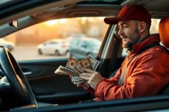 Pizzafutár pénzszámlálás közben az autóban naplementekor
