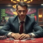 Pókerosztó egy kaszinóban, zsetonokkal az asztalon.