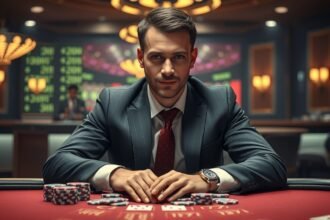 Pókerosztó egy kaszinóban, zsetonokkal az asztalon.