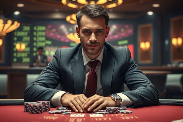 Pókerosztó egy kaszinóban, zsetonokkal az asztalon.