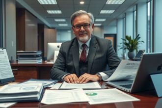 Polgármester az irodájában, dokumentumokkal és laptop mellett ülve.