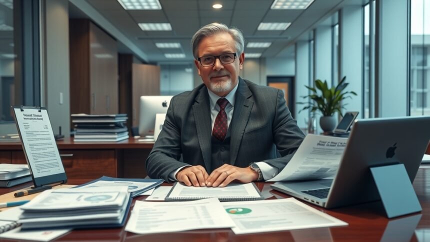 Polgármester az irodájában, dokumentumokkal és laptop mellett ülve.