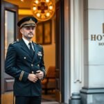 Portás áll egy szálloda bejáratánál, láthatóan professzionális öltözetben.