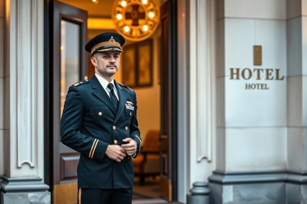 Portás áll egy szálloda bejáratánál, láthatóan professzionális öltözetben.