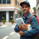 Egy postás levelekkel a kezében az utcán