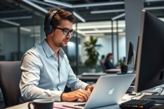 Egy fiatal férfi PR szakembereként dolgozik irodai környezetben.