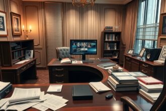 Stílusos produceri iroda, számítógép a munkához, iratok és könyvek.