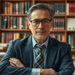 Professzor irodájában ülve, könyvespolc előtt