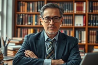 Professzor irodájában ülve, könyvespolc előtt