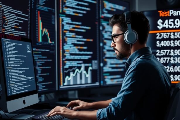 Programozó munkavégzés közben, számítógépekkel és kódokkal