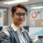 Projektasszisztens női szakember az irodában, grafikonokkal a háttérben.