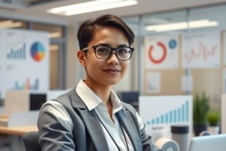 Projektasszisztens női szakember az irodában, grafikonokkal a háttérben.