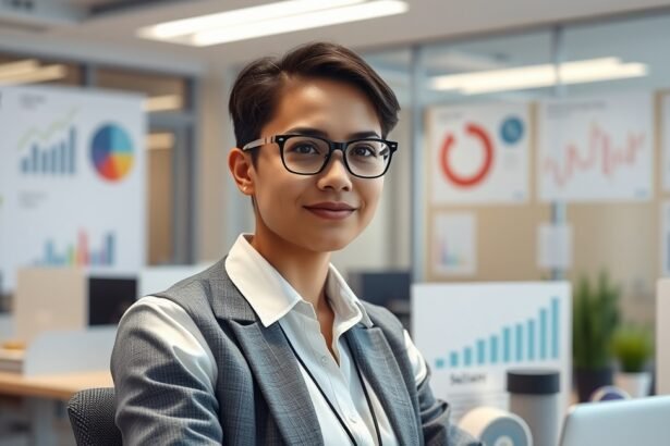 Projektasszisztens női szakember az irodában, grafikonokkal a háttérben.