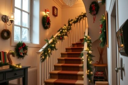Dekorált lépcsőház karácsonyi ünnepi díszítéssel