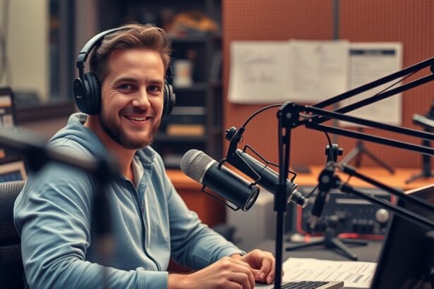 Rádiós műsorvezető stúdióban, boldogan, mikrofon előtt.