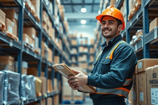 Raktáros egy raktárban, munkához készülve