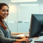 Recepciós munkahelyi környezetben számítógépnél ülve.