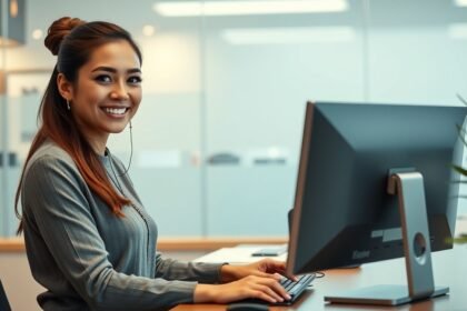 Recepciós munkahelyi környezetben számítógépnél ülve.