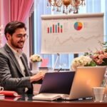 Rendezvényszervező dolgozik az irodájában, grafikonok előtt.