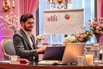 Rendezvényszervező dolgozik az irodájában, grafikonok előtt.