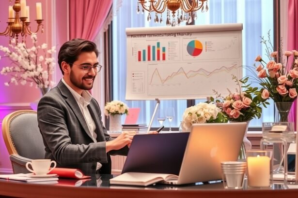 Rendezvényszervező dolgozik az irodájában, grafikonok előtt.