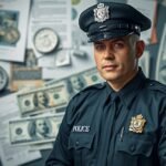 Rendőr fizikailag megjelenítő személy komoly arccal, háttérben pénz és dokumentumok.