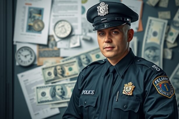 Rendőr fizikailag megjelenítő személy komoly arccal, háttérben pénz és dokumentumok.
