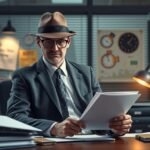 Rendőrnyomozó az irodájában, dokumentumokkal dolgozik.