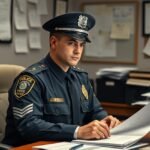 Rendőrtiszt az irodájában, munkáját végzi