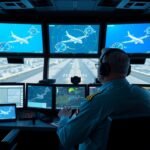 Repüléstájékoztató ellenőrzi a légi forgalmat a toronyban