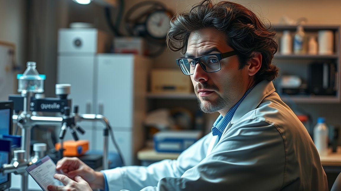 Fizikus laboratóriumban, kémiai kísérletek előtt